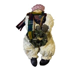 Primitive Plush Snowman Doll Patchwork Vest Popcorn Knit Jumpsuit Winter Decor